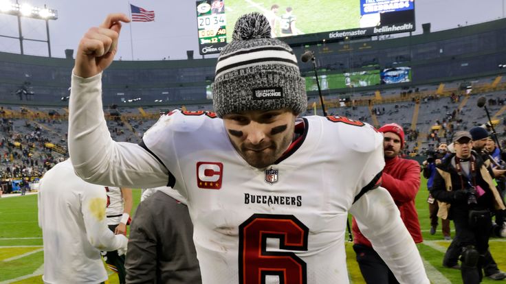 Tampa Bay Buccaneers quarterback Baker Mayfield (6) runs off the field after an NFL football game against the Green Bay Packers, Sunday, Dec. 17, 2023, in Green Bay, Wis. The Buccaneers won 34-20. (AP Photo/Mike Roemer)