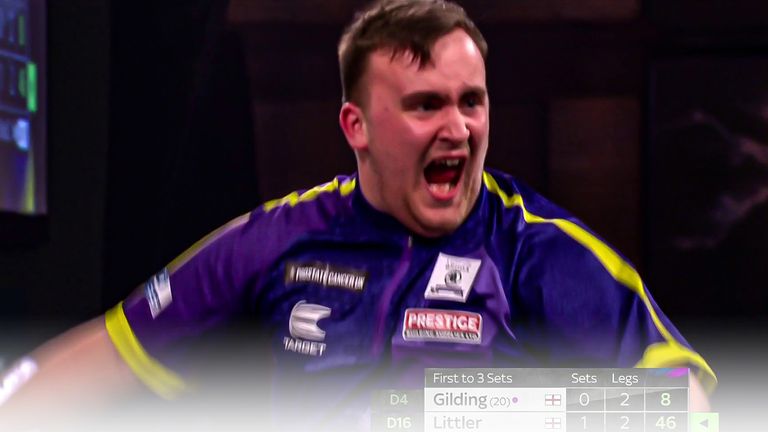 Littler celebrated wildly after taking a two-set lead against Andrew Gilding in the World Darts Championship