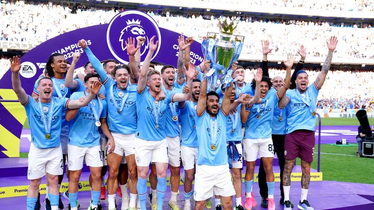 File photo dated 21-05-2023 of Manchester City&#39;s Ilkay Gundogan lifts the Premier League trophy. Manchester City will begin their bid for a record fourth consecutive Premier League title away to Vincent Kompany�s Burnley. Issue date: Thursday June 15, 2023.