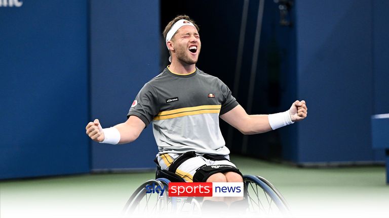 Alfie Hewett reacts after winning a wheelchair men&#39;s singles championship match
