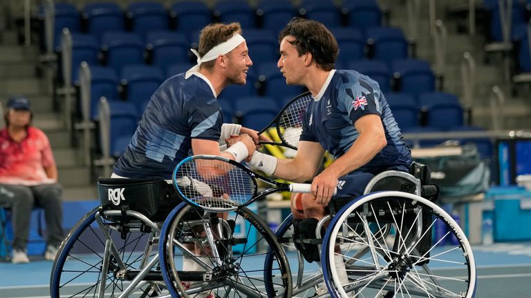 Alfie Hewett (left) and Gordon Reid celebrate a point during their Wheelchair tennis men's doubles final