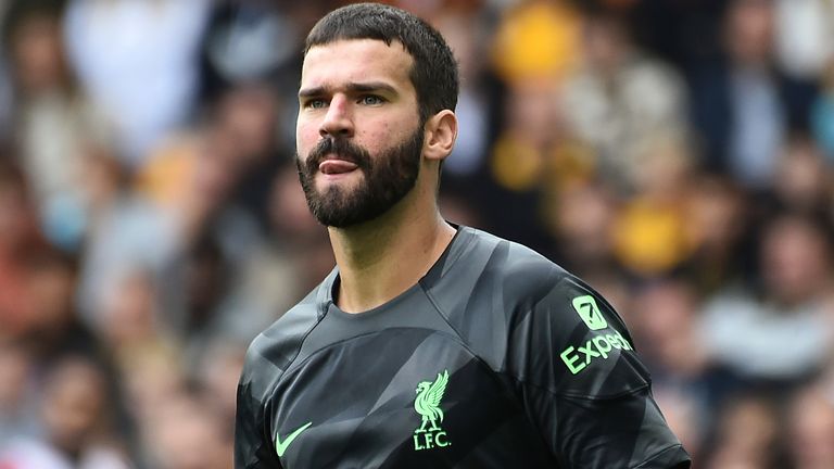 Liverpool's goalkeeper Alisson during the English Premier League soccer match between Wolverhampton and Liverpool at the Molineux stadium in Wolverhampton, England, Saturday, Sept. 16, 2023. (AP Photo/Rui Vieira)