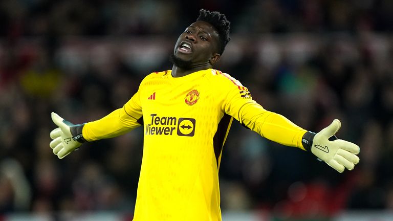 Andre Onana gestures during the 2-1 defeat to Nottingham Forest