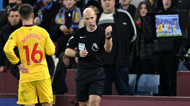 Anthony Taylor disallows Aston Villa's goal vs Sheff Utd after being told to review the decision by VAR