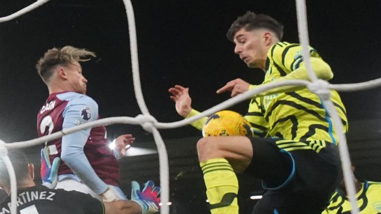 Arsenal&#39;s Kai Havertz (right) handles the ball before seeing his goal ruled out late in the game during the Premier League match at Villa Park, Birmingham. Picture date: Saturday December 9, 2023.