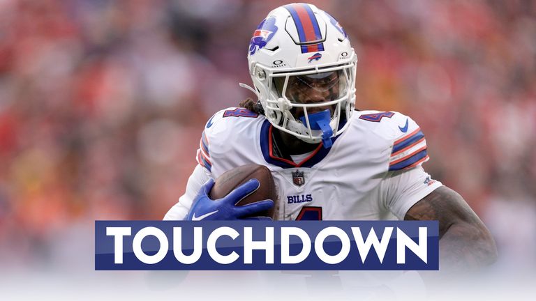 Buffalo Bills running back James Cook scores on a 25-yard touchdown reception during the first half of an NFL football game against the Kansas City Chiefs Sunday, Dec. 10, 2023, in Kansas City, Mo. 