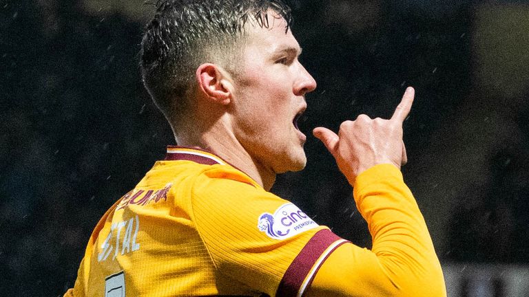 MOTHERWELL, SCOTLAND - DECEMBER 30: Motherwell's Blair Spittal celebrates scoring to make it 1-0 during a cinch Premiership match between Motherwell and Livingston at Fir Park, on December 30, 2023, in Motherwell, Scotland. (Photo by Paul Devlin / SNS Group)
