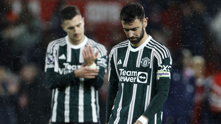 Bruno Fernandes cuts a dejected figure after the defeat to Nottingham Forest