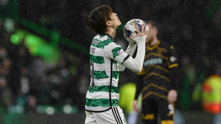 Celtic&#39;s Kyogo Furuhashi celebrates after making it 1-0 vs Livingston