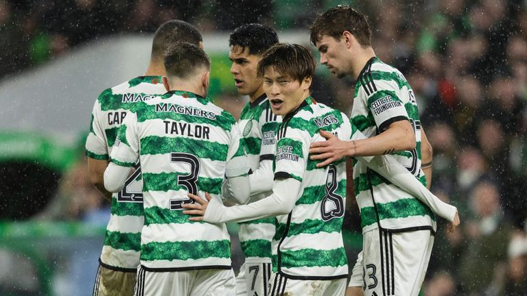 GLASGOW, SCOTLAND - DECEMBER 23: Celtic's Kyogo Furuhashi celebrates with teammates after making it 1-0 during a cinch Premiership match between Celtic and Livingston at Celtic Park, on December 23, 2023, in Glasgow, Scotland.  (Photo by Craig Foy / SNS Group)