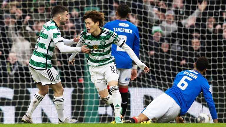 Celtic's Kyogo Furuhashi celebrates after scoring to make it 2-0 vs Rangers
