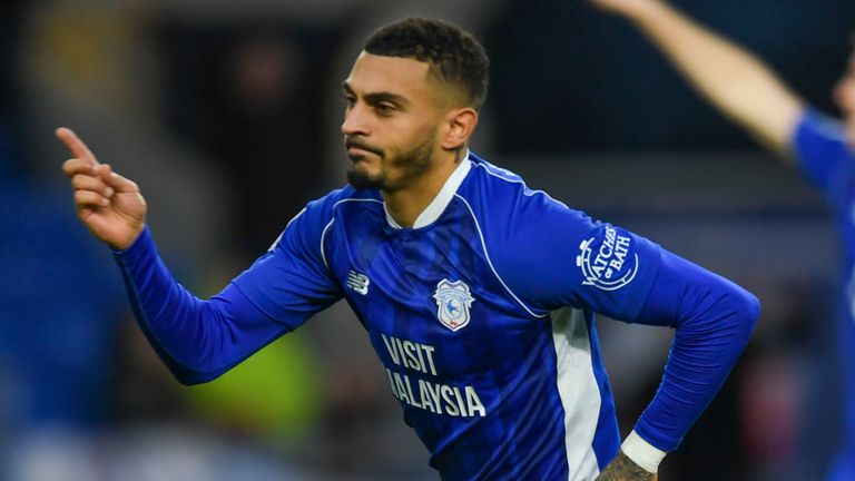 Karlan Grant celebrates after scoring for Cardiff against Plymouth