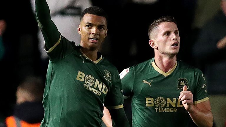 Morgan Whittaker celebrates after scoring a late equaliser for Plymouth against Birmingham