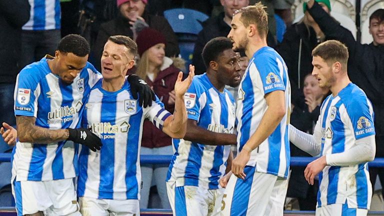 Jaheim Headley celebrates after scoring Huddersfield's opening goal against Blackburn