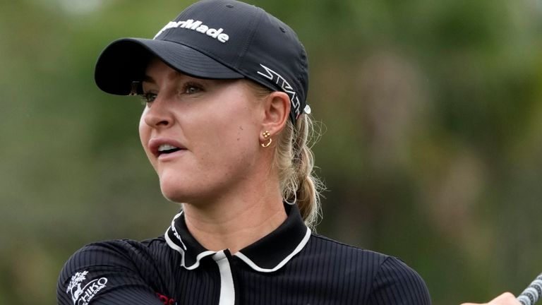 Charley Hull, of England, plays her shot from the third tee during the first round of the LPGA CME Group Tour Championship golf tournament, Thursday, Nov. 16, 2023, in Naples, Fla. (AP Photo/Lynne Sladky) 