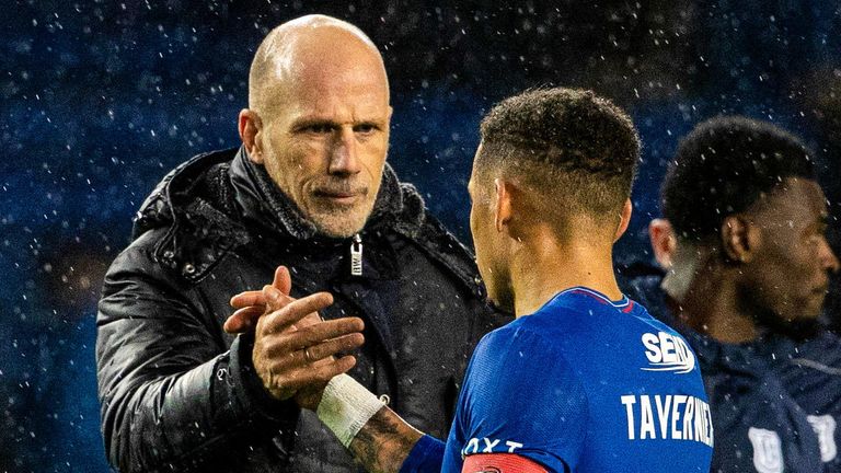 GLASGOW, SCOTLAND - DECEMBER 09: Rangers Manager Phillipe Clement shakes hands with James Tavernier during a cinch Premiership match between Rangers and Dundee at Ibrox Stadium, on December 09, 2023, in Glasgow, Scotland. (Photo by Alan Harvey / SNS Group)
