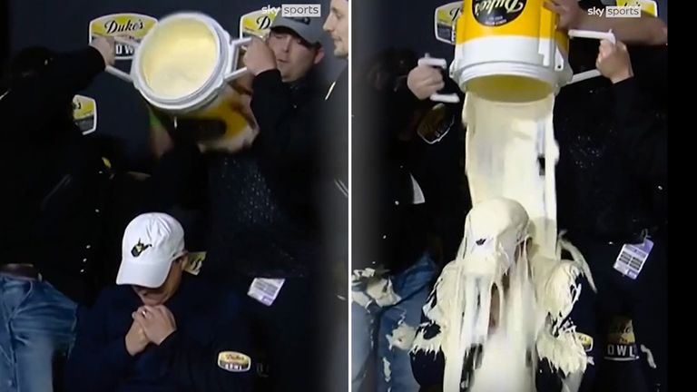 West Virginia coach Neal Brown continued one of college football's wackiest traditions by being covered in mayonnaise after winning the 2023 Duke's Mayo Bowl.