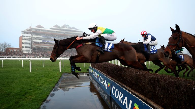 Cloudy Glen leads the Coral Gold Cup field over the water jump in front of the stands at Newbury