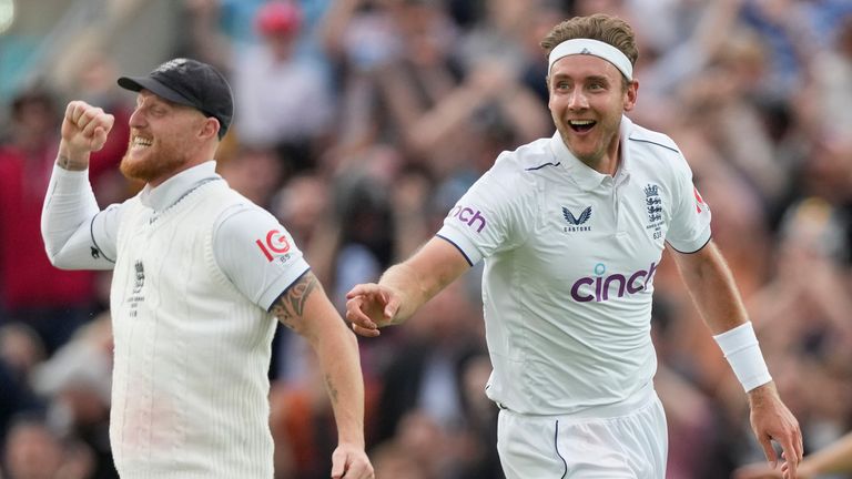 England's Stuart Broad and Test captain Ben Stokes celebrate the dismissal of Australia's Todd Murphy on day five of the fifth Ashes Test