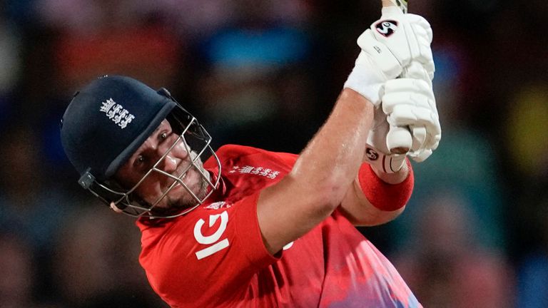 England's Liam Livingstone..hits a four from a delivery of West Indies' Alzarri Joseph during the first T20 cricket match at Kensington Oval in Bridgetown, Barbados, Tuesday, Dec. 12, 2023. (AP Photo/Ricardo Mazalan)