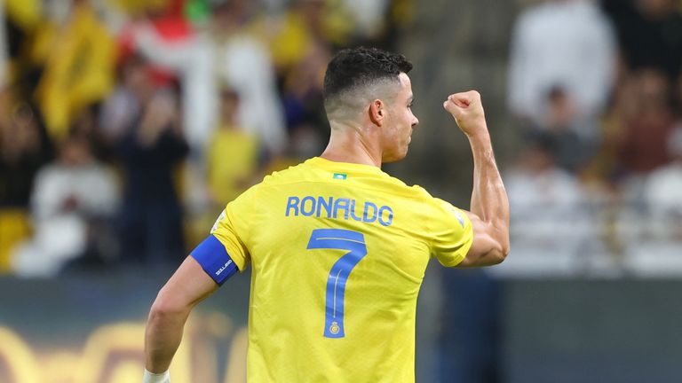 Nassr&#39;s Portuguese forward #07 Cristiano Ronaldo celebrates after scoring their second goal during the Saudi Pro League football match between Al-Nassr and Damac at the King Saud University Stadium in Riyadh on October 21, 2023.