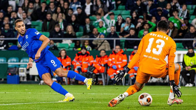 SEVILLE, SPAIN - DECEMBER 14: Rangers' Cyriel Dessers scores to make it 2-1 during a UEFA Europa League match between Real Betis and Rangers at Estadio Benito Villamarin, on December 14, 2023, in Seville, Scotland. (Photo by Alan Harvey / SNS Group)