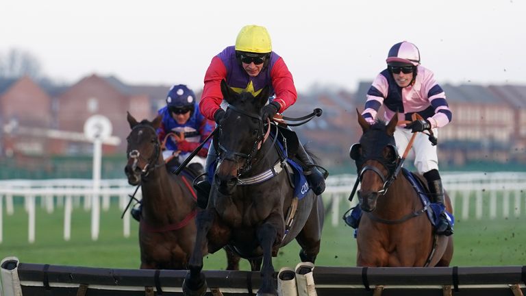 Dashel Drasher leads in the Long Distance Hurdle at Newbury