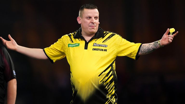 Dave Chisnall reacts during his match against Cameron Menzies (not pictured) on day two of the Paddy Power World Darts Championship at Alexandra Palace, London. Picture date: Saturday December 16, 2023.