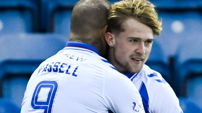 KILMARNOCK, SCOTLAND - DECEMBER 23: Kilmarnock's dAVID Watson (right) celebrates with Kyle Vassell after scoring to make it 1-0 during a cinch Premiership match between Kilmarnock and St Johnstone at Rugby Park, on December 23, 2023, in Kilmarnock, Scotland. (Photo by Rob Casey / SNS Group)