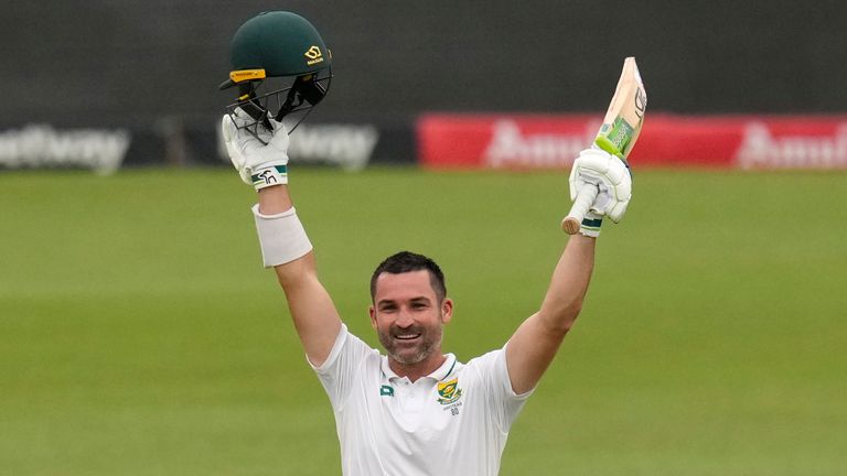 South Africa's Dean Elgar celebrates his century against India on the second day of the first Test at Centurion Park