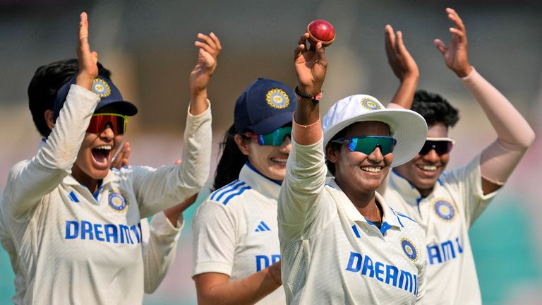 India's Deepti Sharma celebrates her five-wicket haul against England (Associated Press)