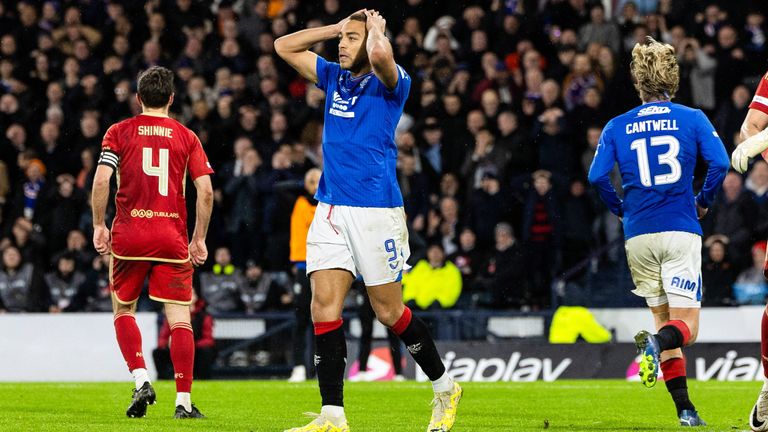 GLASGOW, SCOTLAND - DECEMBER 17: Rangers' Cyriel Dessers is dejected as his shot at goal is savedduring the Viaplay Cup Final match between Rangers and Aberdeen at Hampden Park, on December 17, 2023, in Glasgow, Scotland.  (Photo by Craig Foy / SNS Group)