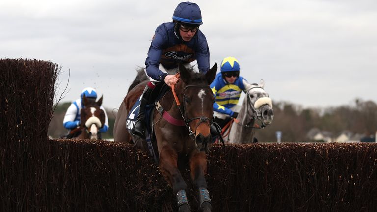 Eventual winner Djelo ridden by Charlie Deutsch in action during The Howden Noel Novices' Chase on day one of the Howden Christmas Racing Weekend at Ascot 