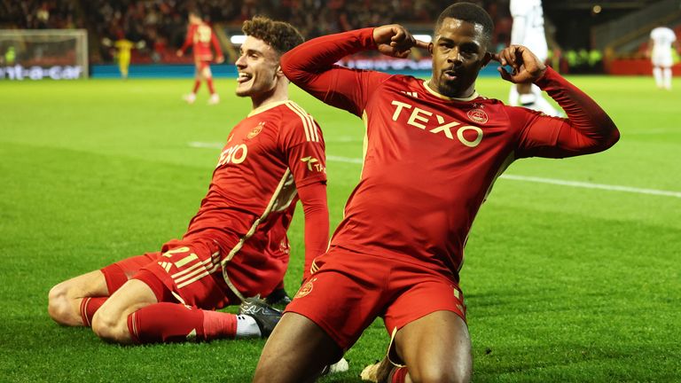 ABERDEEN, SCOTLAND - DECEMBER 14: Aberdeen's Luis Lopes (no. 11) celebrates after scoring to make it 1-0 during a UEFA Europa Conference League match between Aberdeen and Eintracht Frankfurt at Pittodrie Stadium, on December 14, 2023, in Aberdeen, Scotland. (Photo by Ross MacDonald / SNS Group)
