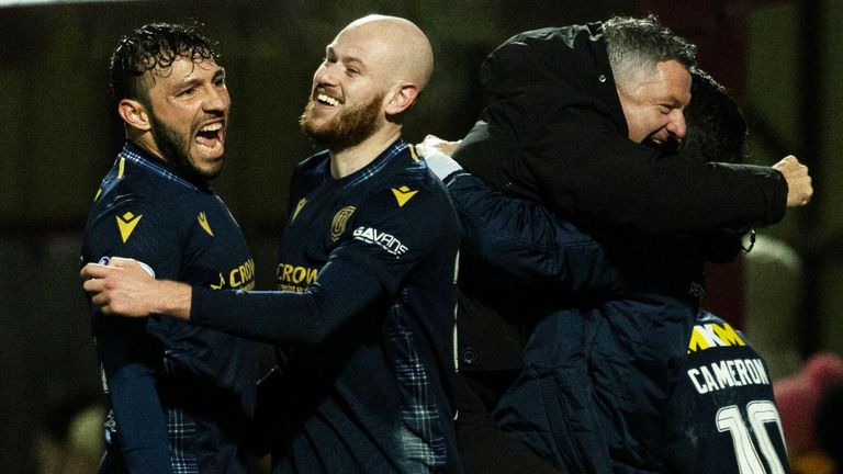 MOTHERWELL, SCOTLAND - DECEMBER 02: Dundee Manager Tony Docherty celebrates the third goal during a cinch Premiership match between Motherwell and Dundee at Fir Park, on December 02, 2023, in Motherwell, Scotland. (Photo by Craig Foy / SNS Group)