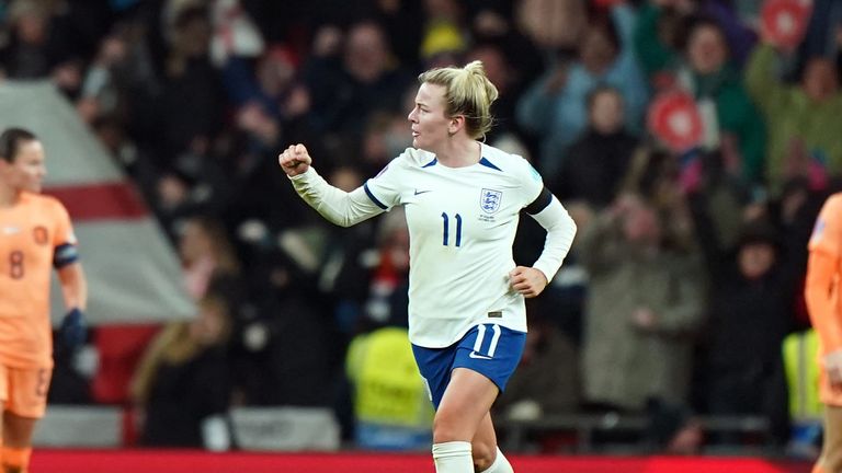 Lauren Hemp celebrates England's equaliser at Wembley