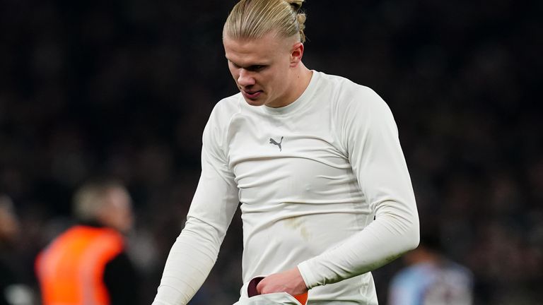 Erling Haaland reacts at full-time following the 1-0 loss at Villa Park