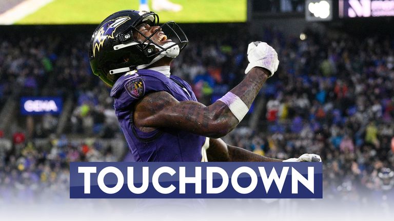 Baltimore Ravens wide receiver Zay Flowers celebrates his touchdown catch against the Los Angeles Rams during the second half of an NFL football game Sunday, Dec. 10, 2023, in Baltimore.