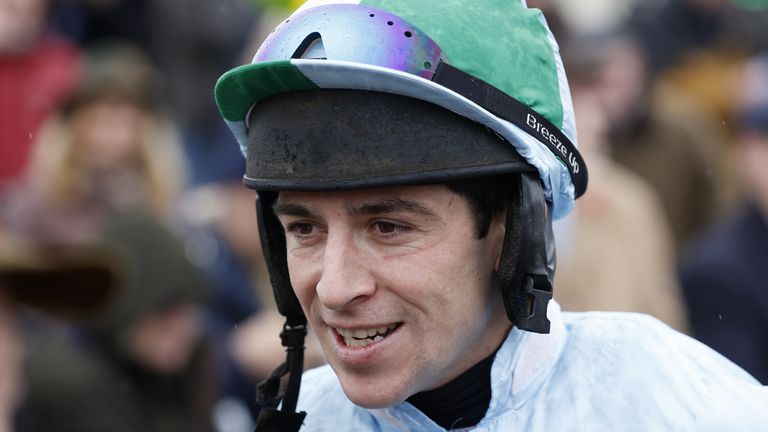 Gavin Sheehan celebrates winning The bet365 Mares' Hurdle on You Wear It Well during day two of the bet365 Charlie Hall Meeting at Wetherby 