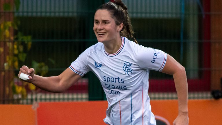 GOAL! 0-2 Rio Hardy of Rangers seals it for Rangers as she slots the ball through the legs of the advancing Lee Gibson of Glasgow City during the ScottishPower Womens Premier League match. Glasgow City vs Rangers. Petershill Park, Springburn, 19/11/2023. Image Credit: Colin Poultney/SWPL