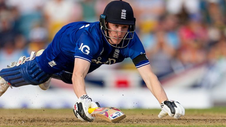 England's Harry Brook is run out in the third one-day international against West Indies in Barbados