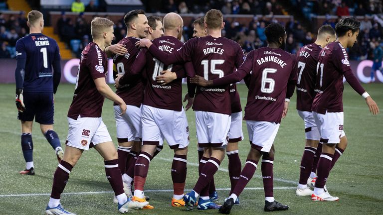 KILMARNOCK, SCOTLAND - DECEMBER 02: Hearts' Lawrence Shankland celebrates with Alex Cochrane (second from left), Liam Boyce, Kye Rowles, Beni Baningime, Jorge Grant (no. 7) and Yutaro Oda (right) as Kilmarnock's Will Dennis (left) scores an own goal to make it 1-0 to Hearts during a cinch Premiership match between Kilmarnock and Heart of Midlothian at Rugby Park, on December 02, 2023, in Kilmarnock, Scotland. (Photo by Alan Harvey / SNS Group)
