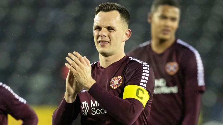 KILMARNOCK, SCOTLAND - DECEMBER 02: Hearts' Lawrence Shankland at full time after a cinch Premiership match between Kilmarnock and Heart of Midlothian at Rugby Park, on December 02, 2023, in Kilmarnock, Scotland. (Photo by Alan Harvey / SNS Group)
