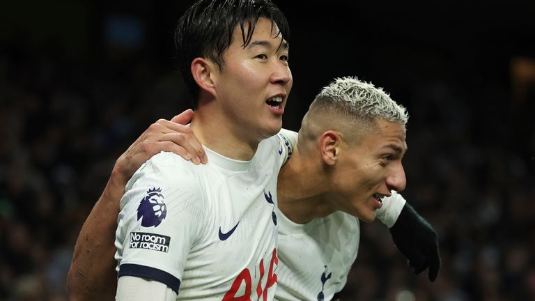 Heung-min Son and Richarlison celebrate Tottenham's second goal