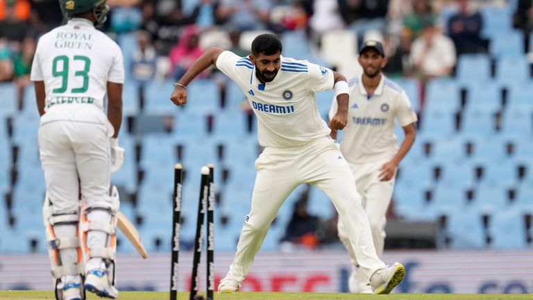 India&#39;s Jasprit Bumrah celebrates the wicket of Keegan Petersen (two)