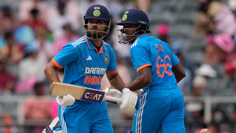 India's Shreyas Iyer, left, with team-mate Sai Sudharsan run between the wickets during the first ODI at the Wanderers in Johannesburg (AP Photo/Themba Hadebe)