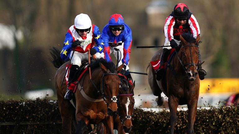 Insurrection ridden by Harry Cobden (left) ahead of eventual winner Deafening Silence ridden by Harry Cobden (right) during the Betfair Beacons Winter Novices' Hurdle during day one of The Betfair Tingle Creek Festival at Sandown Park