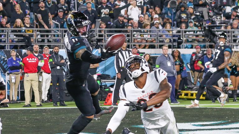 Jacksonville Jaguars wide receiver Parker Washington (11), left, catches a pass for a touchdown in the endzone defended by Cincinnati Bengals safety Dax Hill (23) during the third quarter of an NFL football game, Monday, Dec. 4, 2023, in Jacksonville, Fla.