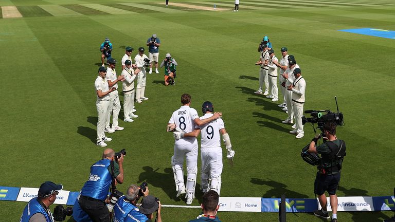 Stuart Broad walked out to a guard of honour in the final game of his career with teammate James Anderson