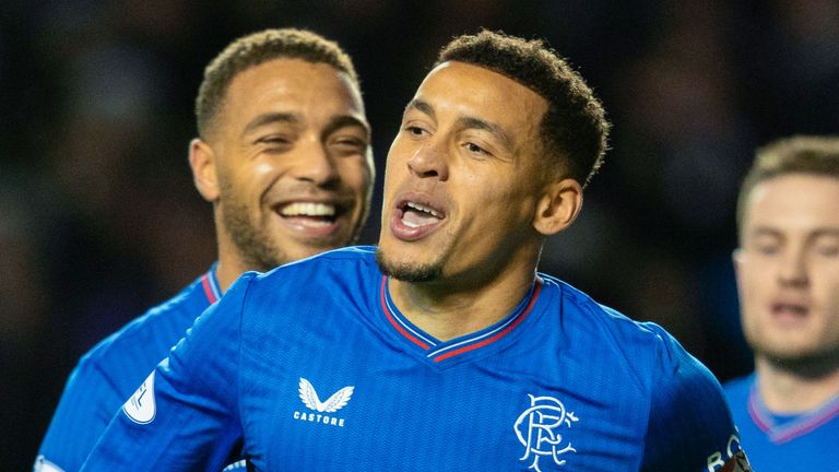 GLASGOW, SCOTLAND - DECEMBER 20: Rangers' James Tavernier celebrates after making it 2-0 during a cinch Premiership match between Rangers and St Johnstone at Ibrox Stadium, on December 20, 2023, in Glasgow, Scotland. (Photo by Craig Foy / SNS Group)